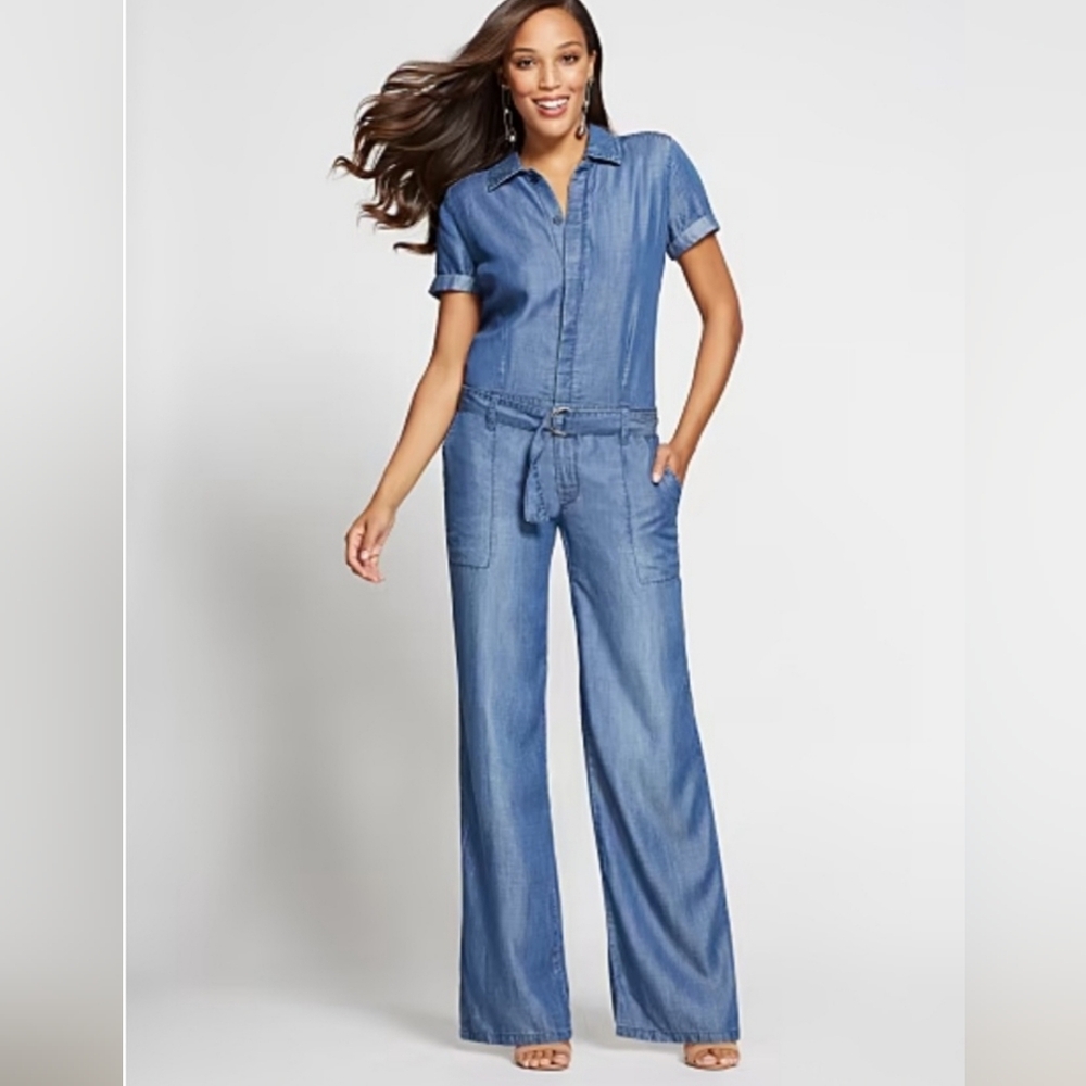 WOMEN'S JUMPSUIT- BLUE JEWEL WASH- GABRIELLE UNION COLLECTION RETRO BELTED WIDE